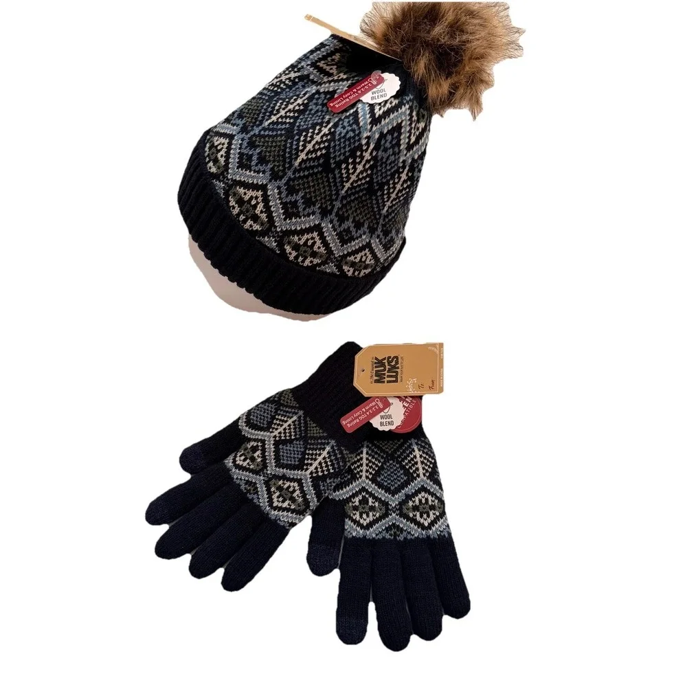 Muk Luks Women's Fair Isle Beanie Hat And Glove Set Black Gray,Blue Faux Fur Pom